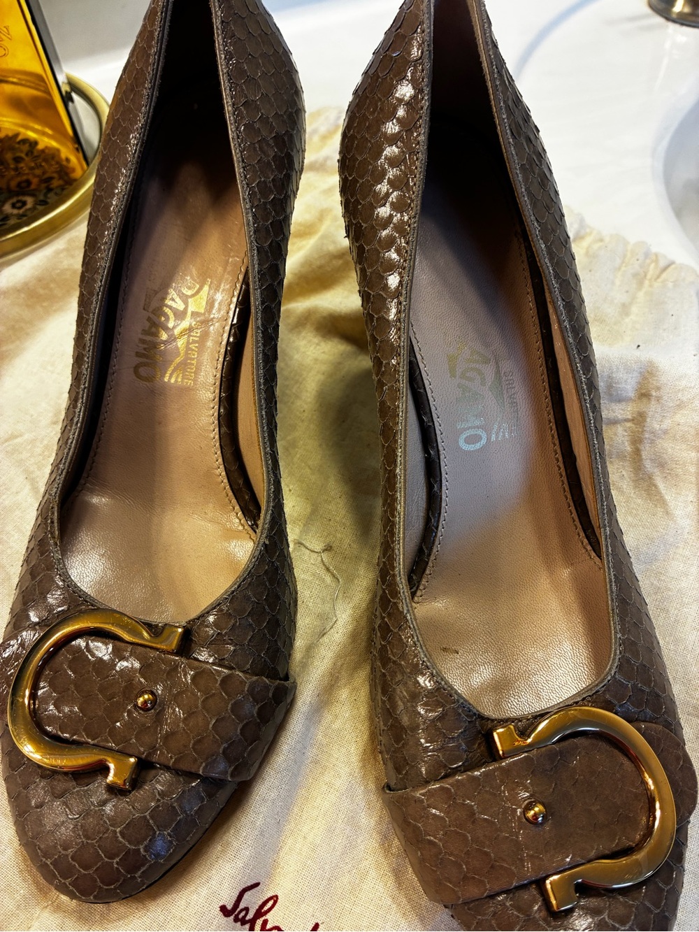 Salvatore Ferragamo Brown Snakeskin-Texture Pumps with Gold Buckle
